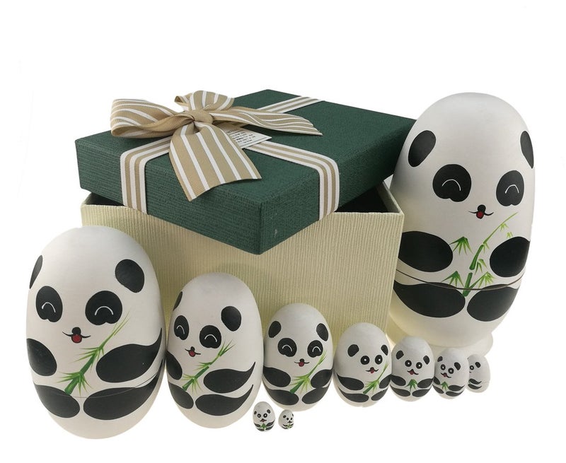 Apol Cute Panda with Bamboo Egg Shape Handmade Wooden Russian Nesting Dolls Matryoshka Doll Set 10 Pieces in a Box with Bow for Home Decoration Kids Toy Christmas Birthday Easter Gift - Image 1
